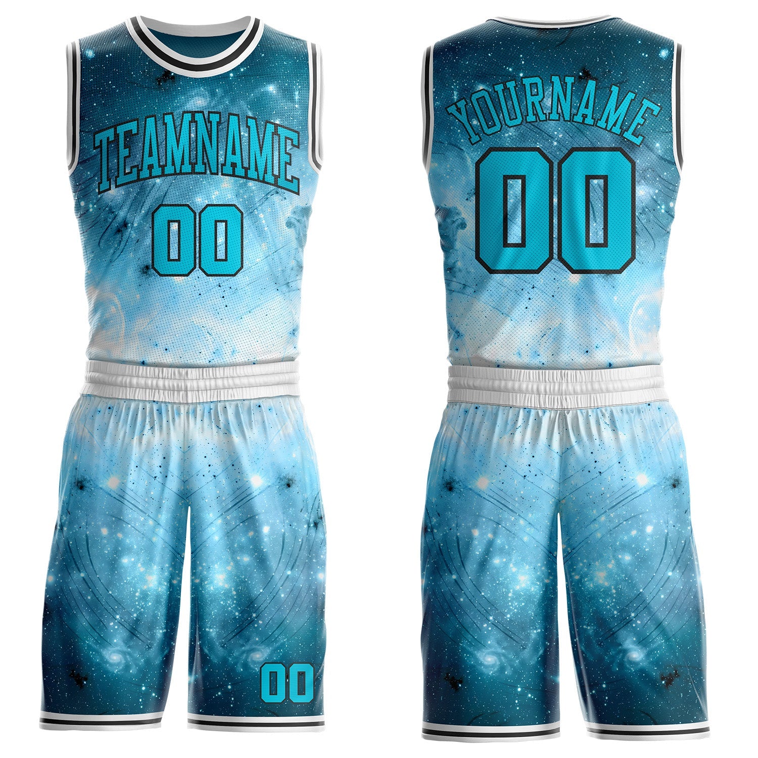 Custom Blue Lakes Blue Black-White Nebula Starry Galaxy Space Round Neck Sublimation Basketball Uniform Jersey