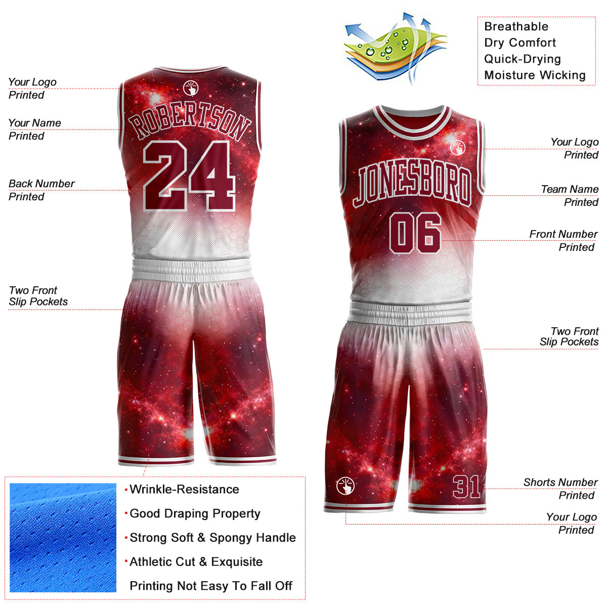 Custom Crimson-White Nebula Starry Galaxy Space Round Neck Sublimation Basketball Uniform Jersey