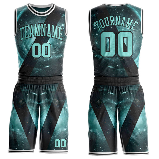 Custom Black Ice Blue-White Nebula Starry Galaxy Space Round Neck Sublimation Basketball Uniform Jersey