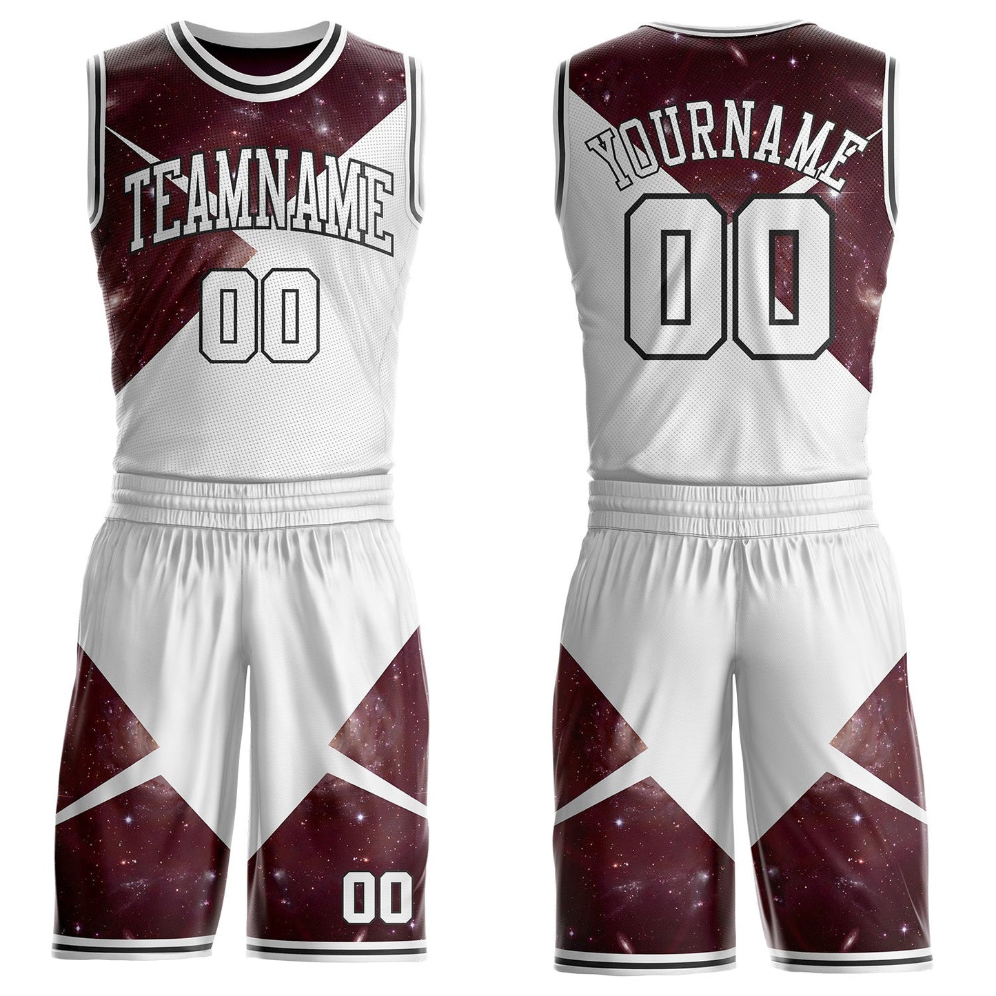 Custom White Red-Black Nebula Starry Galaxy Space Geometric Round Neck Sublimation Basketball Uniform Jersey