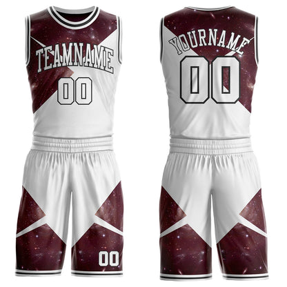 Custom White Red-Black Nebula Starry Galaxy Space Geometric Round Neck Sublimation Basketball Uniform Jersey