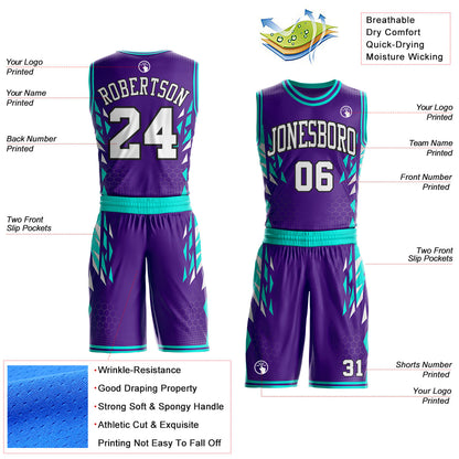 Custom Purple White Green-Black Geometric Triangle Round Neck Sublimation Basketball Uniform Jersey