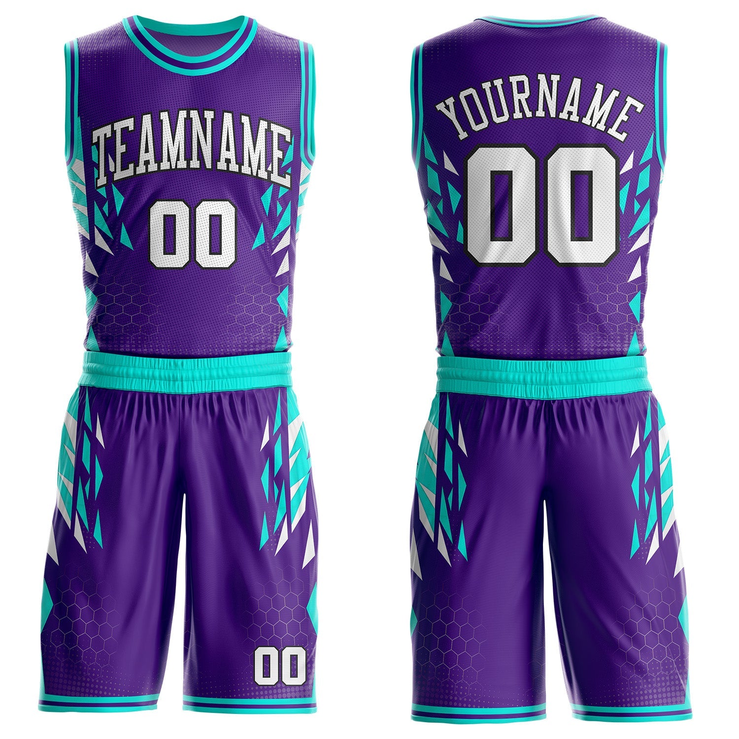 Custom Purple White Green-Black Geometric Triangle Round Neck Sublimation Basketball Uniform Jersey