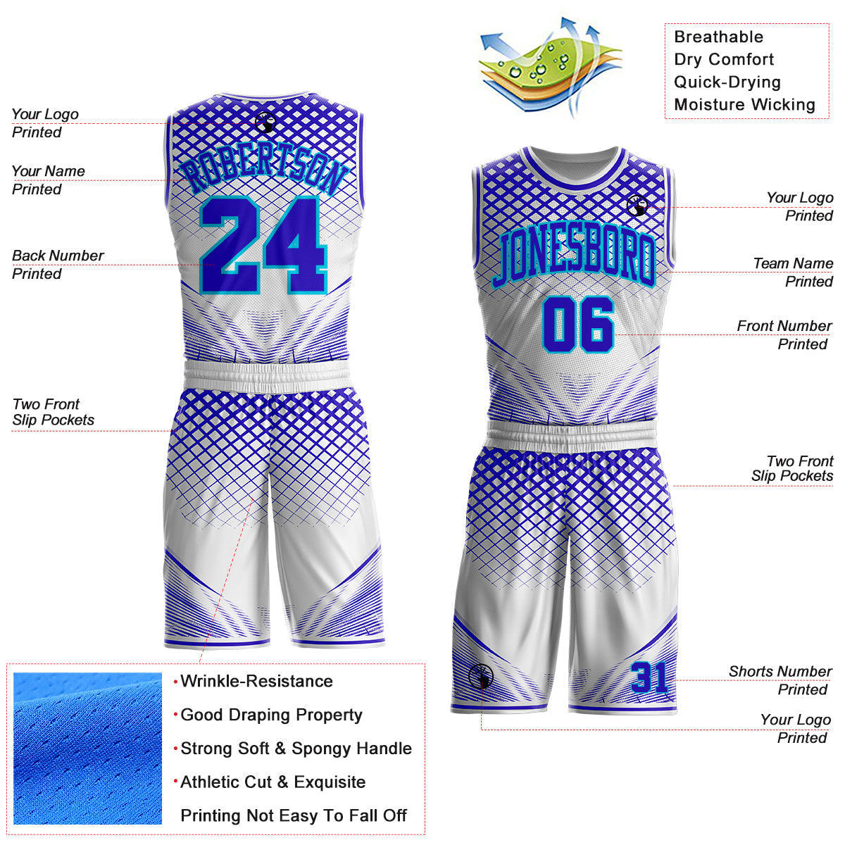 Custom White Purple-Lakes Blue Geometric Grid Round Neck Sublimation Basketball Uniform Jersey