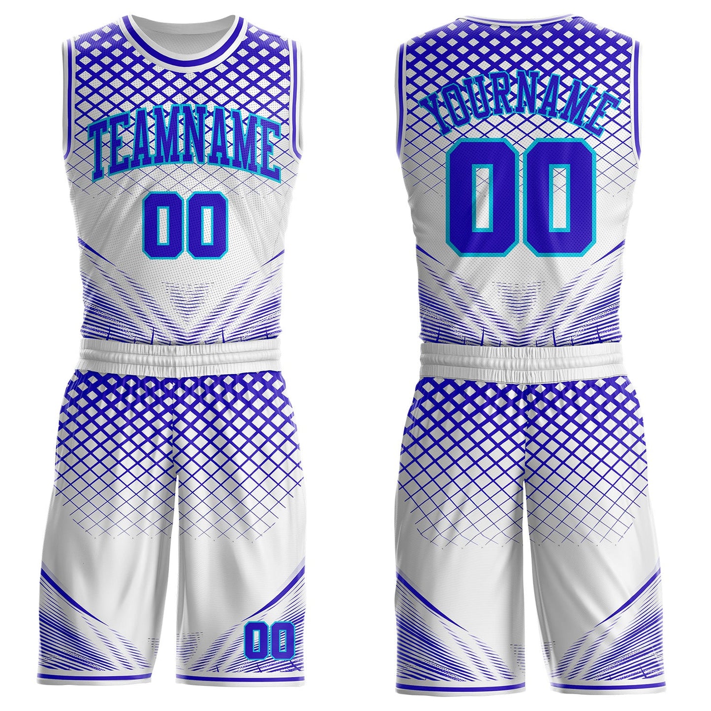 Custom White Purple-Lakes Blue Geometric Grid Round Neck Sublimation Basketball Uniform Jersey