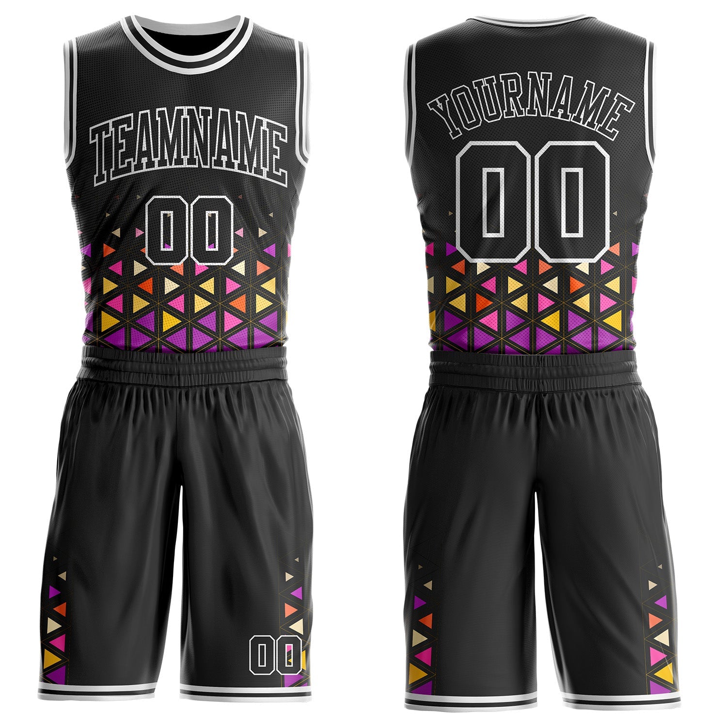 Custom Black Purple Yellow-White Geometric Triangle Round Neck Sublimation Basketball Uniform Jersey