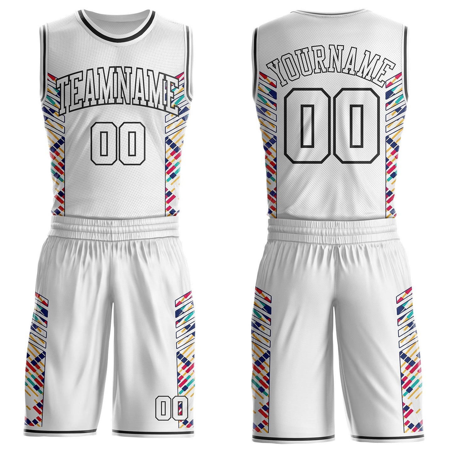 Custom White Pink Yellow-Black Tribal Stripe Round Neck Sublimation Basketball Uniform Jersey
