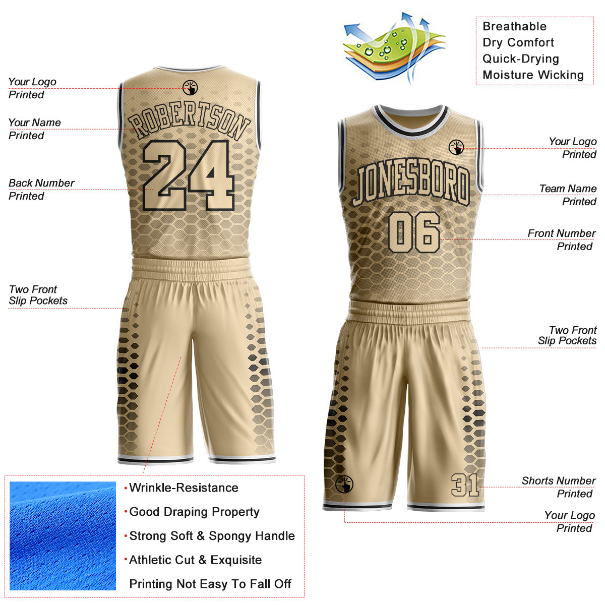 Custom City Cream Black-White Geometric Hexagon Gradient Round Neck Sublimation Basketball Uniform Jersey
