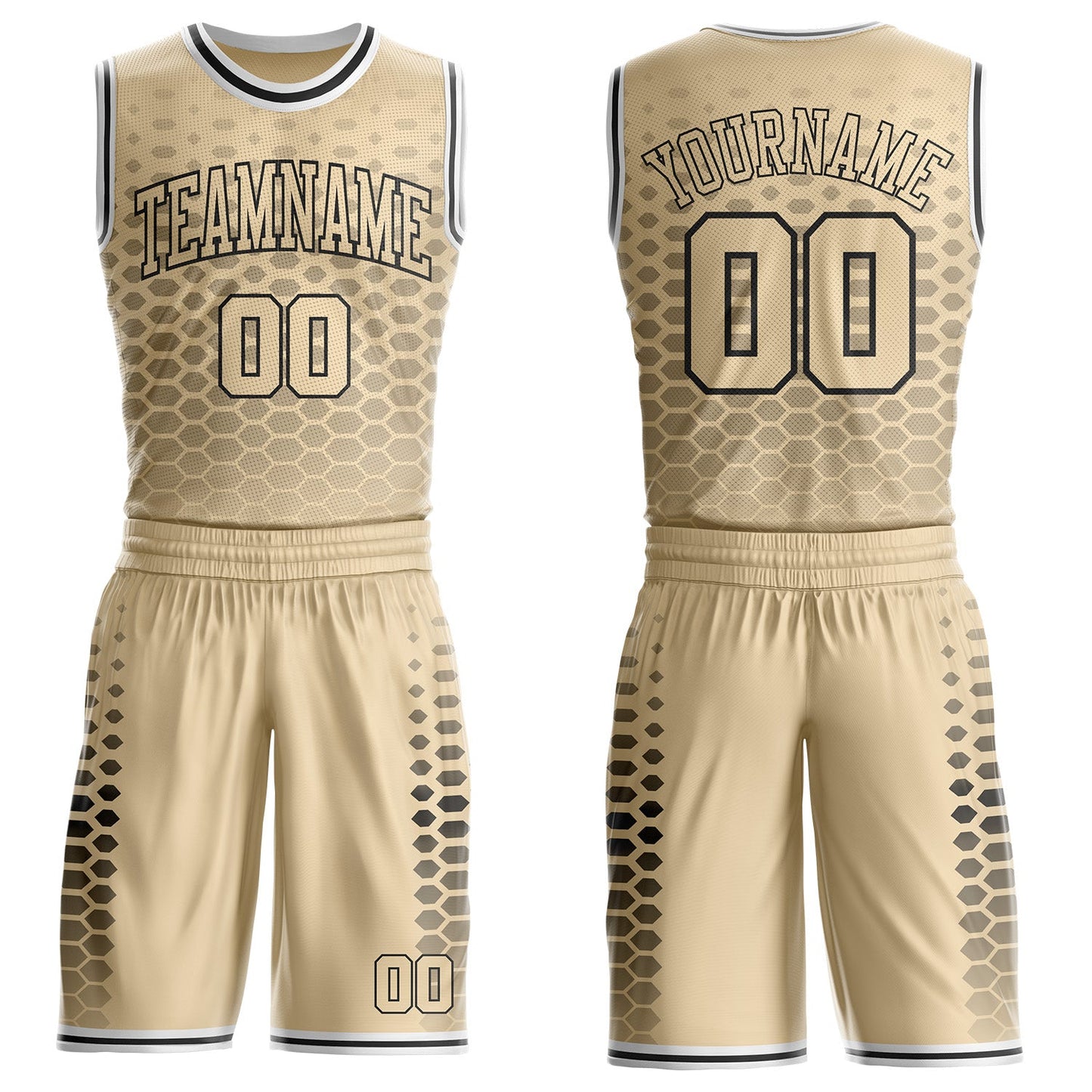 Custom City Cream Black-White Geometric Hexagon Gradient Round Neck Sublimation Basketball Uniform Jersey