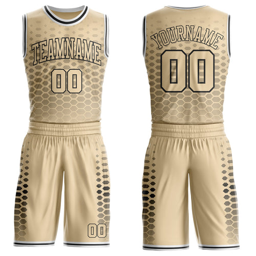 Custom City Cream Black-White Geometric Hexagon Gradient Round Neck Sublimation Basketball Uniform Jersey
