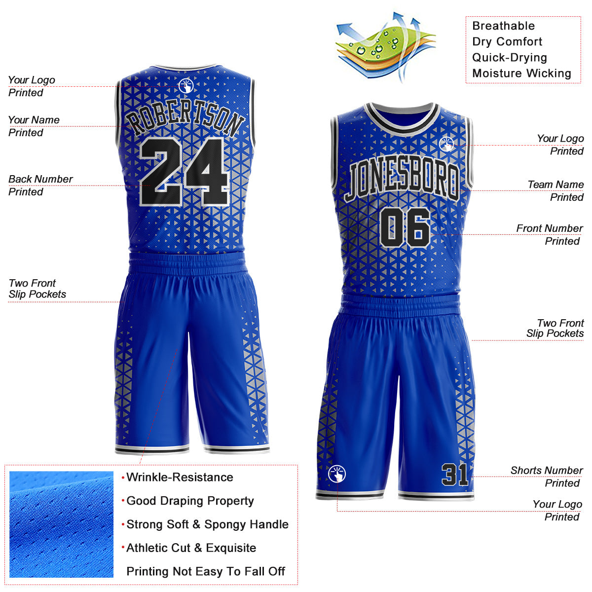 Custom Thunder Blue Black-White Geometric Triangle Grid Round Neck Sublimation Basketball Uniform Jersey
