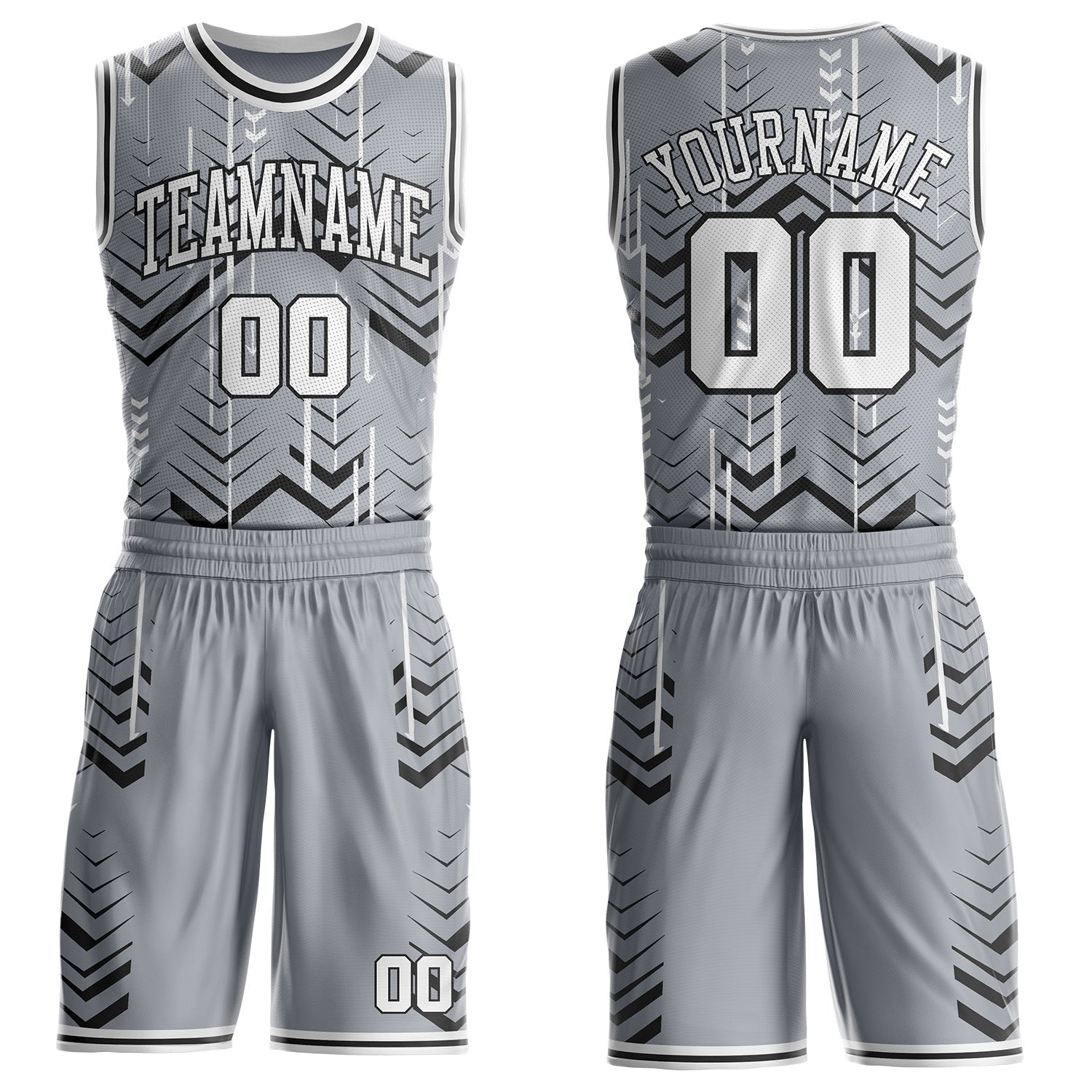 Custom Gray White-Black Geometric Chevron Pattern Round Neck Sublimation Basketball Uniform Jersey