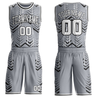 Custom Gray White-Black Geometric Chevron Pattern Round Neck Sublimation Basketball Uniform Jersey