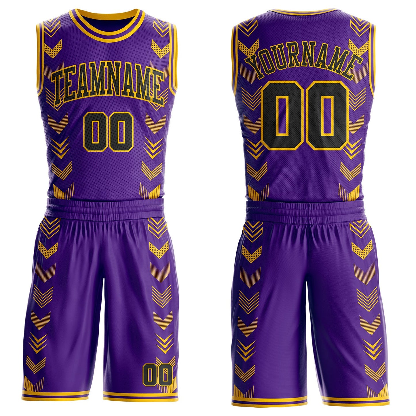 Custom Purple Black-Yellow Geometric Chevron Pattern Round Neck Sublimation Basketball Uniform Jersey