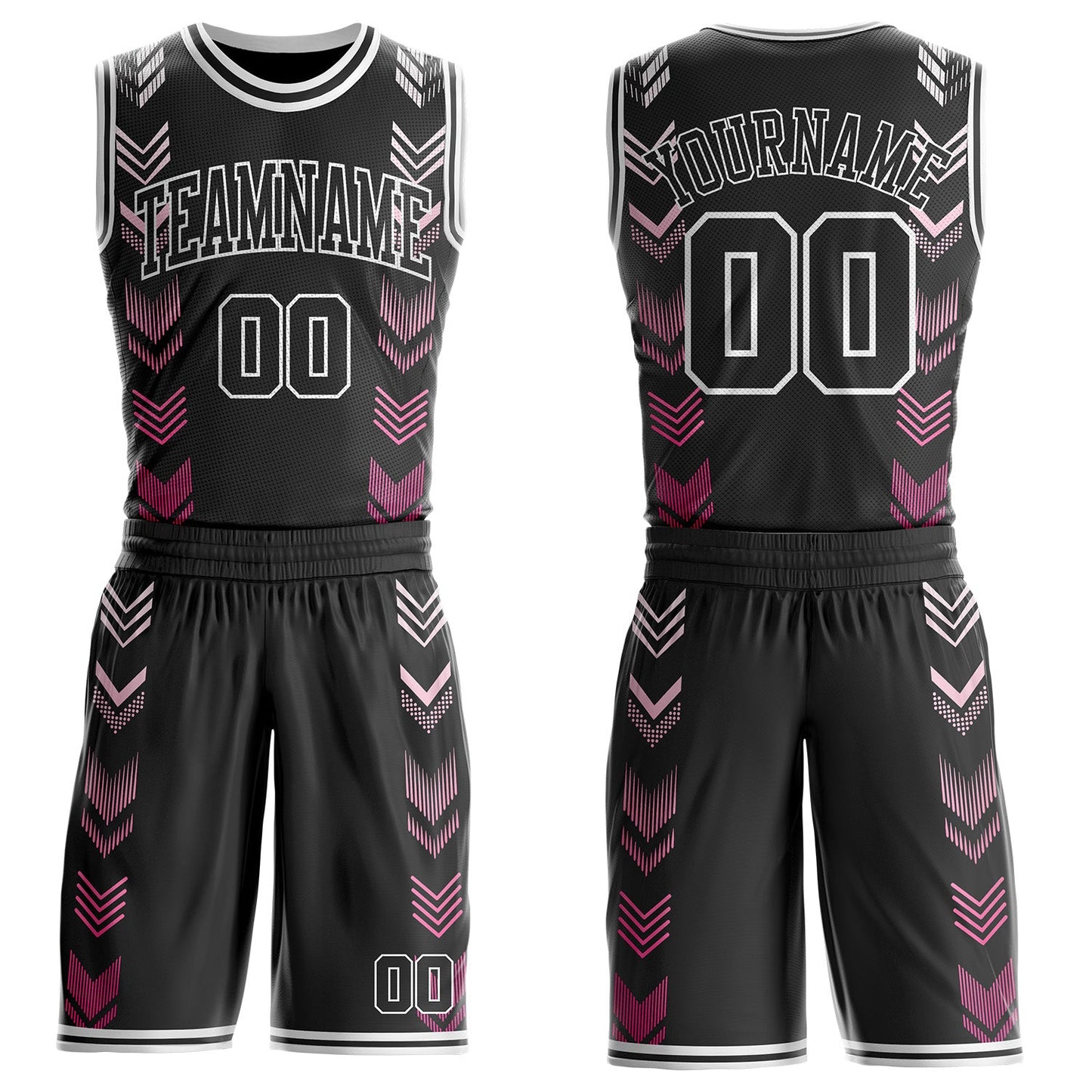 Custom Black-White Geometric Chevron Pattern Round Neck Sublimation Basketball Uniform Jersey