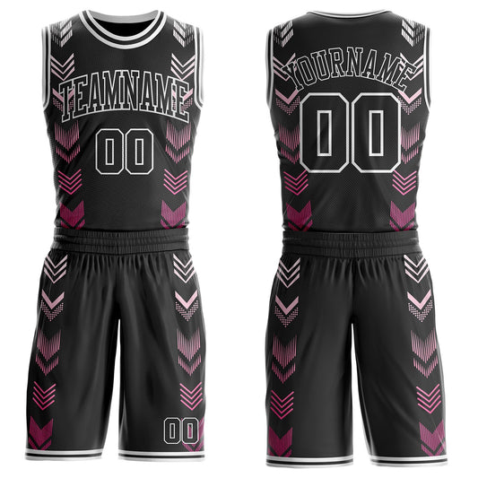 Custom Black-White Geometric Chevron Pattern Round Neck Sublimation Basketball Uniform Jersey