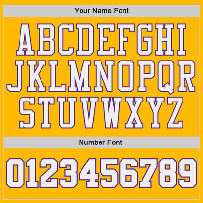 Custom Gold White-Purple Geometric Chevron Pattern Round Neck Sublimation Basketball Uniform Jersey