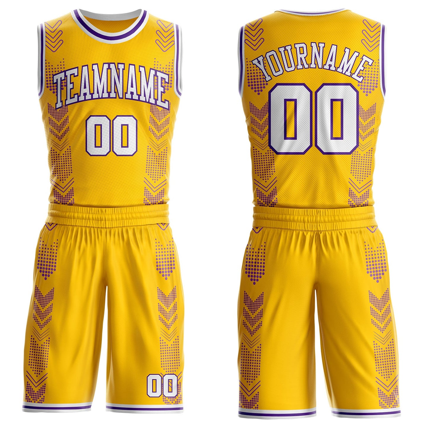 Custom Gold White-Purple Geometric Chevron Pattern Round Neck Sublimation Basketball Uniform Jersey
