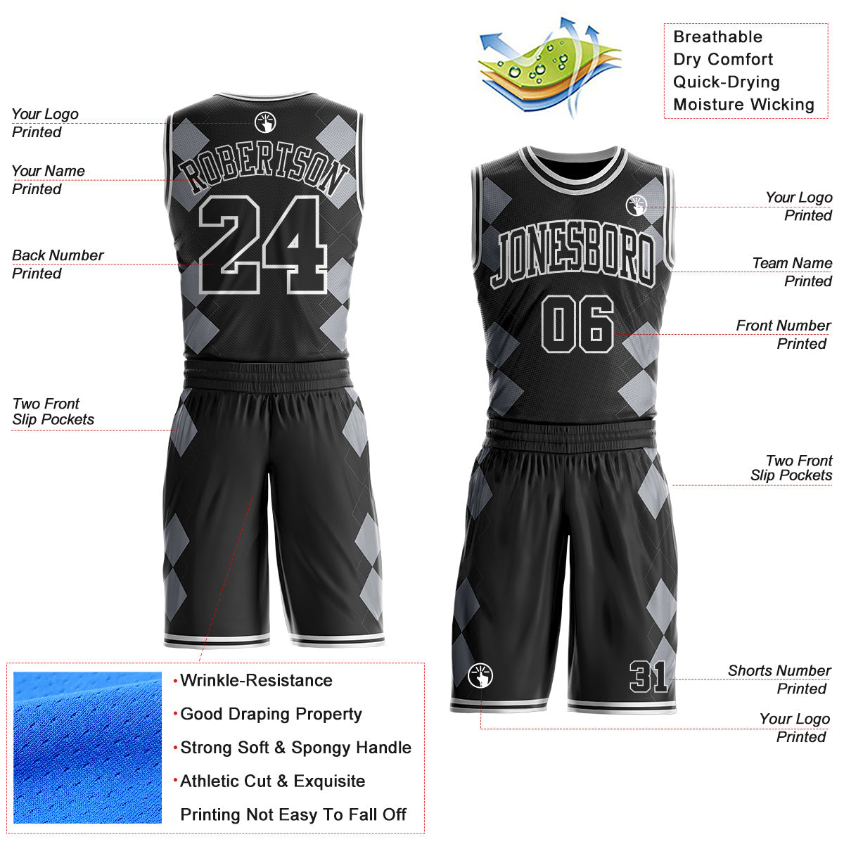 Custom Black Gray-White Geometric Diamond Grid Round Neck Sublimation Basketball Uniform Jersey