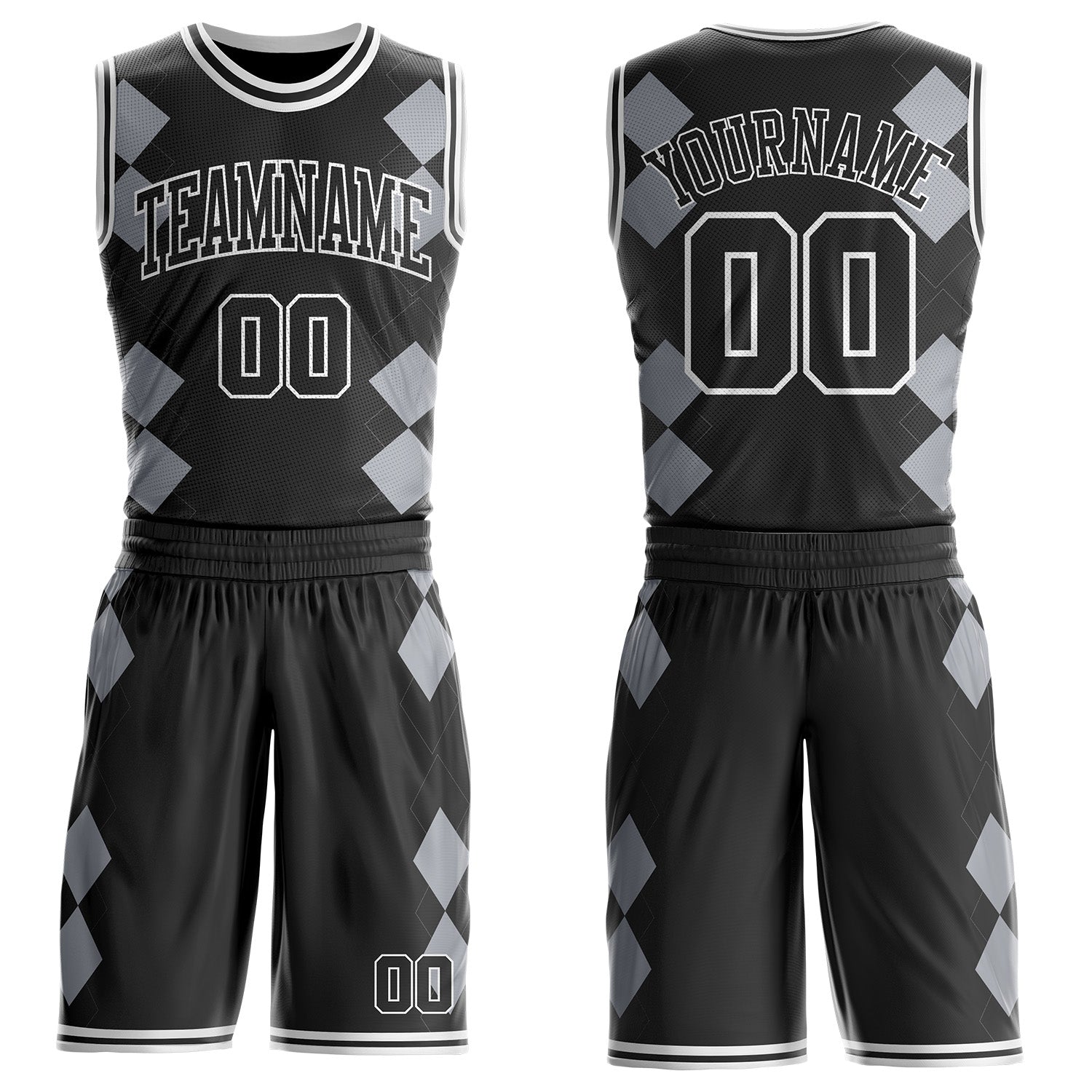 Custom Black Gray-White Geometric Diamond Grid Round Neck Sublimation Basketball Uniform Jersey
