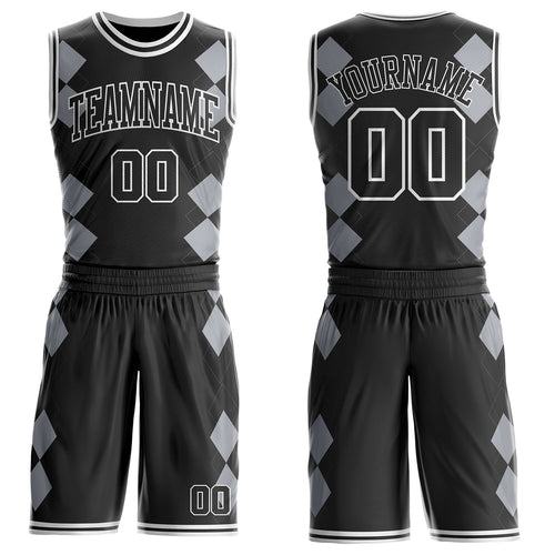 Custom Black Gray-White Geometric Diamond Grid Round Neck Sublimation Basketball Uniform Jersey
