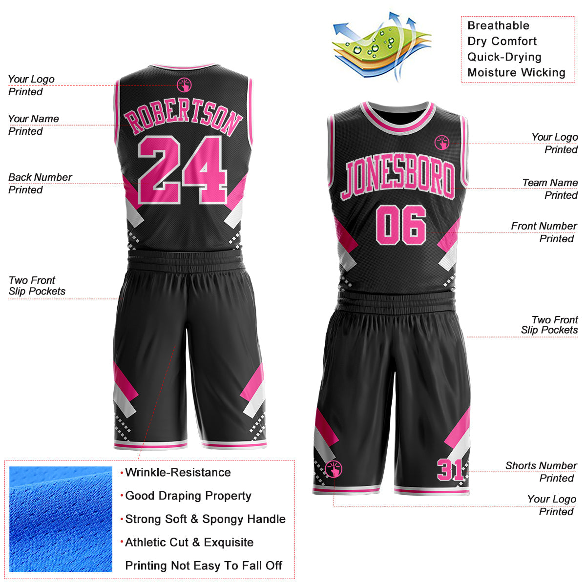 Custom Black Pink-White Geometric Stripes Round Neck Sublimation Basketball Uniform Jersey