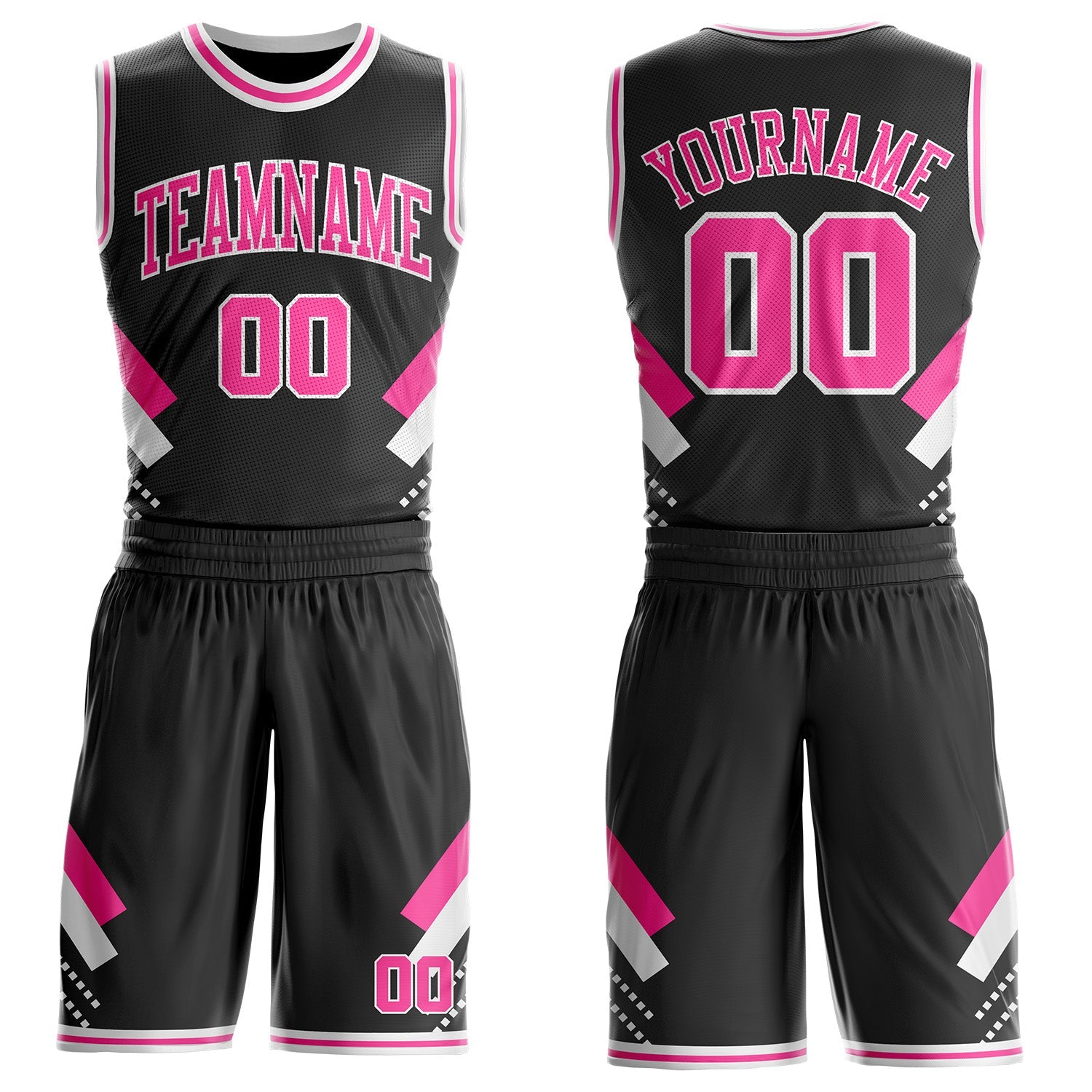Custom Black Pink-White Geometric Stripes Round Neck Sublimation Basketball Uniform Jersey