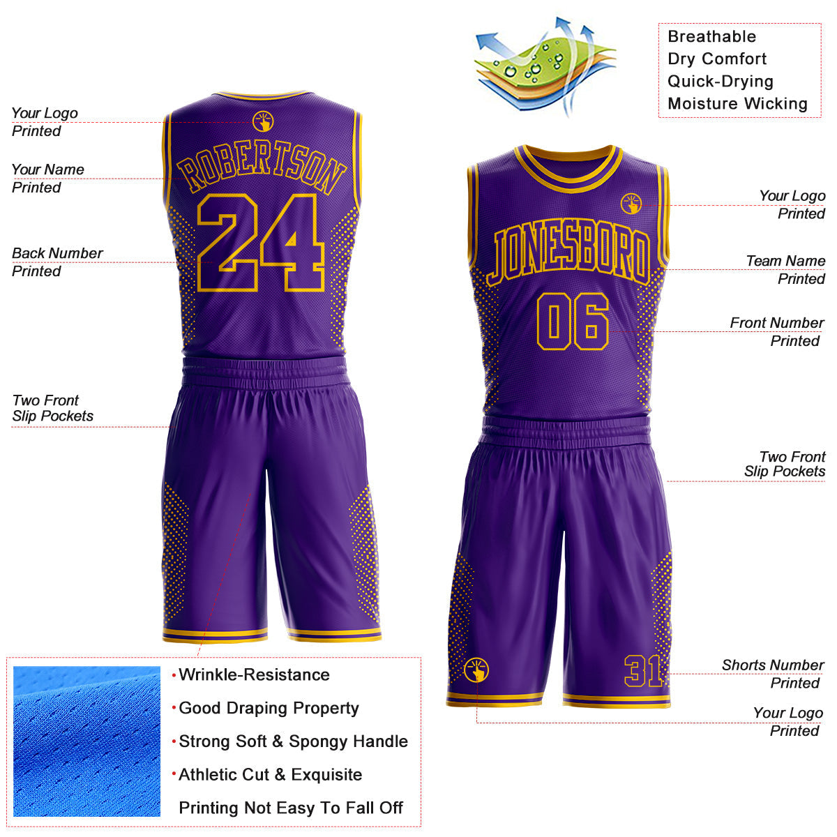 Custom Purple-Yellow Dot Gradient Round Neck Sublimation Basketball Uniform Jersey
