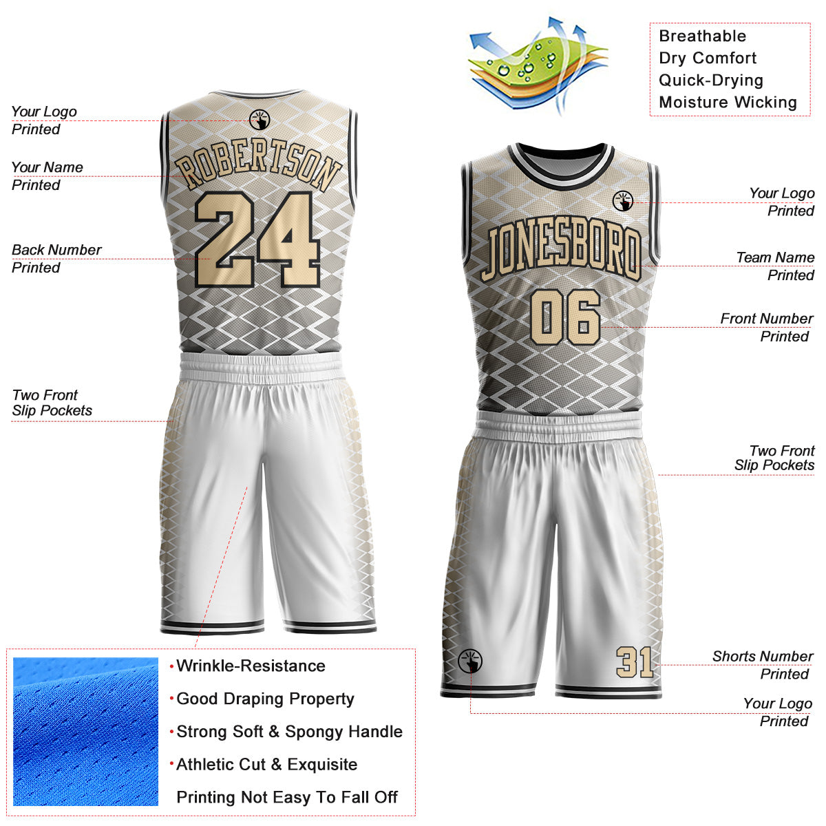 Custom White City Cream-Black Geometric Diamond Gradient Round Neck Sublimation Basketball Uniform Jersey