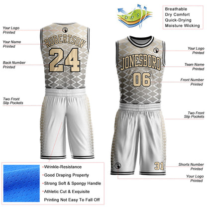Custom White City Cream-Black Geometric Diamond Gradient Round Neck Sublimation Basketball Uniform Jersey