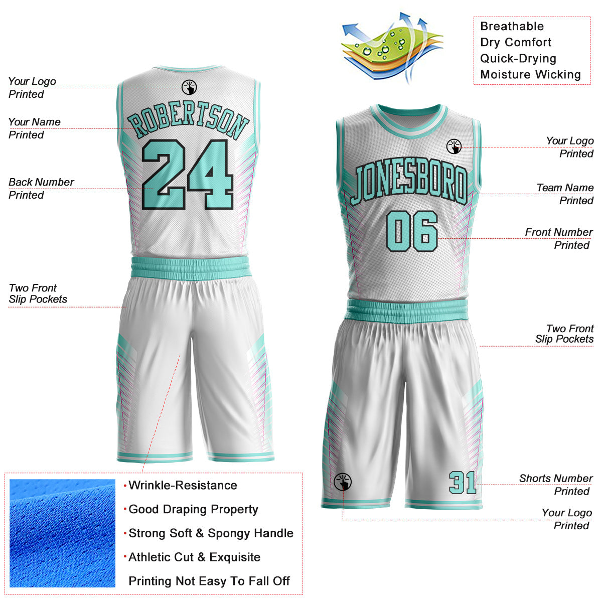 Custom White Ice Blue Hot Pink-Black Geometric Side Stripe Gradient Round Neck Sublimation Basketball Uniform Jersey