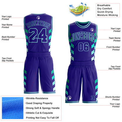 Custom Dark Purple-Ice Blue Geometric Side Stripe Gradient Round Neck Sublimation Basketball Uniform Jersey