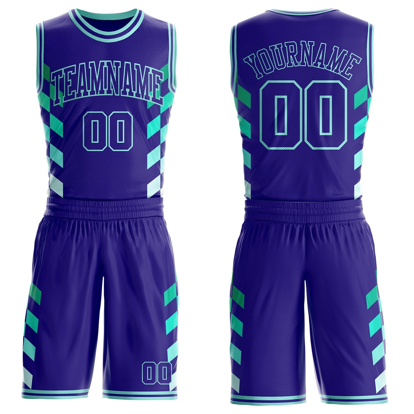 Custom Dark Purple-Ice Blue Geometric Side Stripe Gradient Round Neck Sublimation Basketball Uniform Jersey