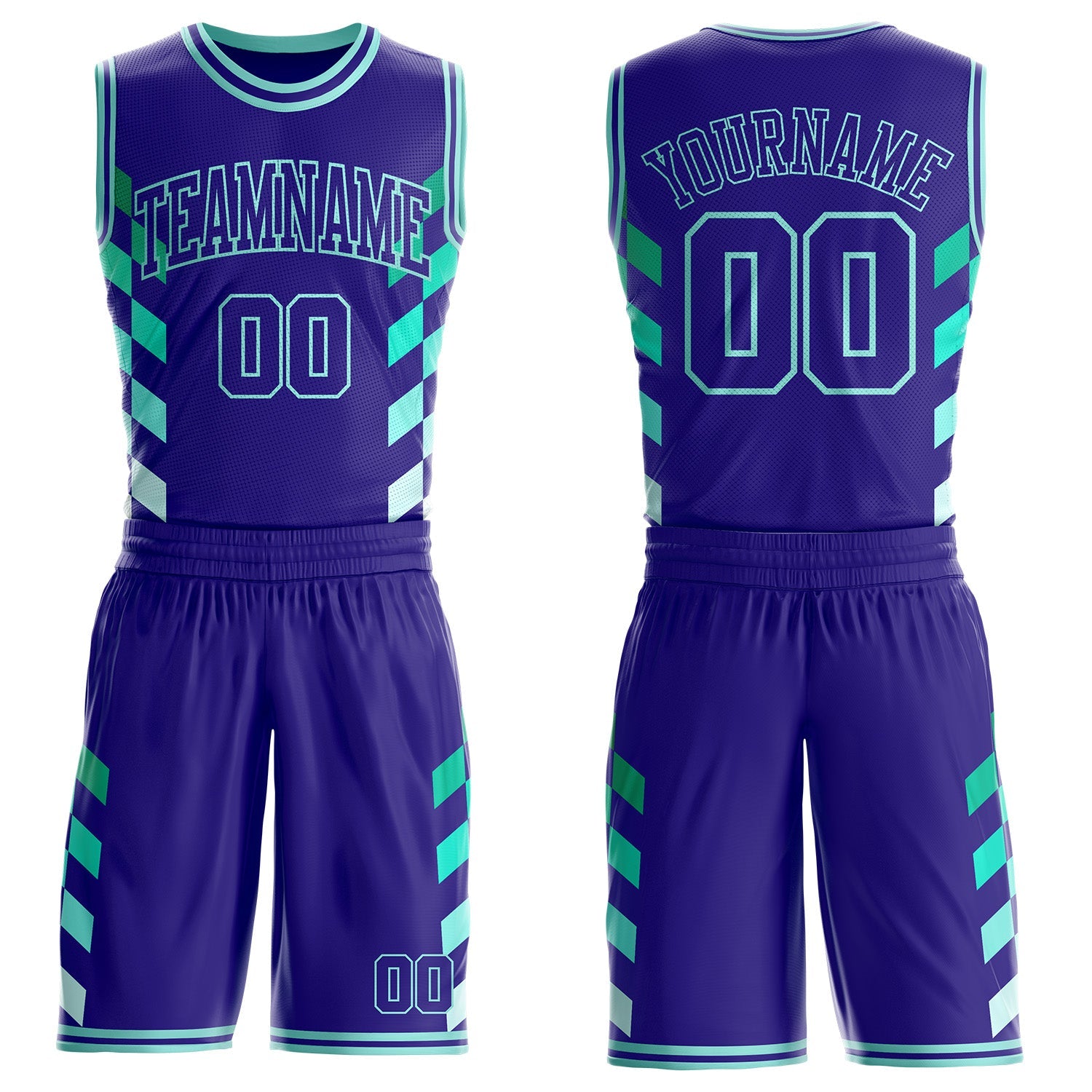 Custom Dark Purple-Ice Blue Geometric Side Stripe Gradient Round Neck Sublimation Basketball Uniform Jersey
