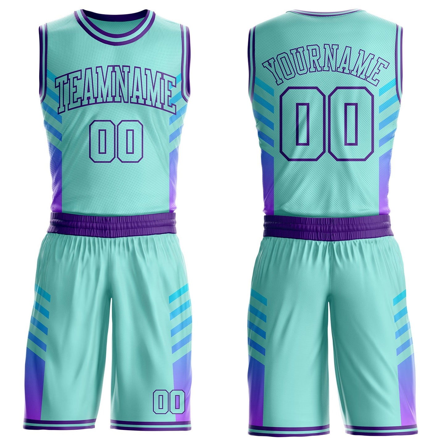 Custom Ice Blue-Purple Geometric Side Stripe Gradient Round Neck Sublimation Basketball Uniform Jersey