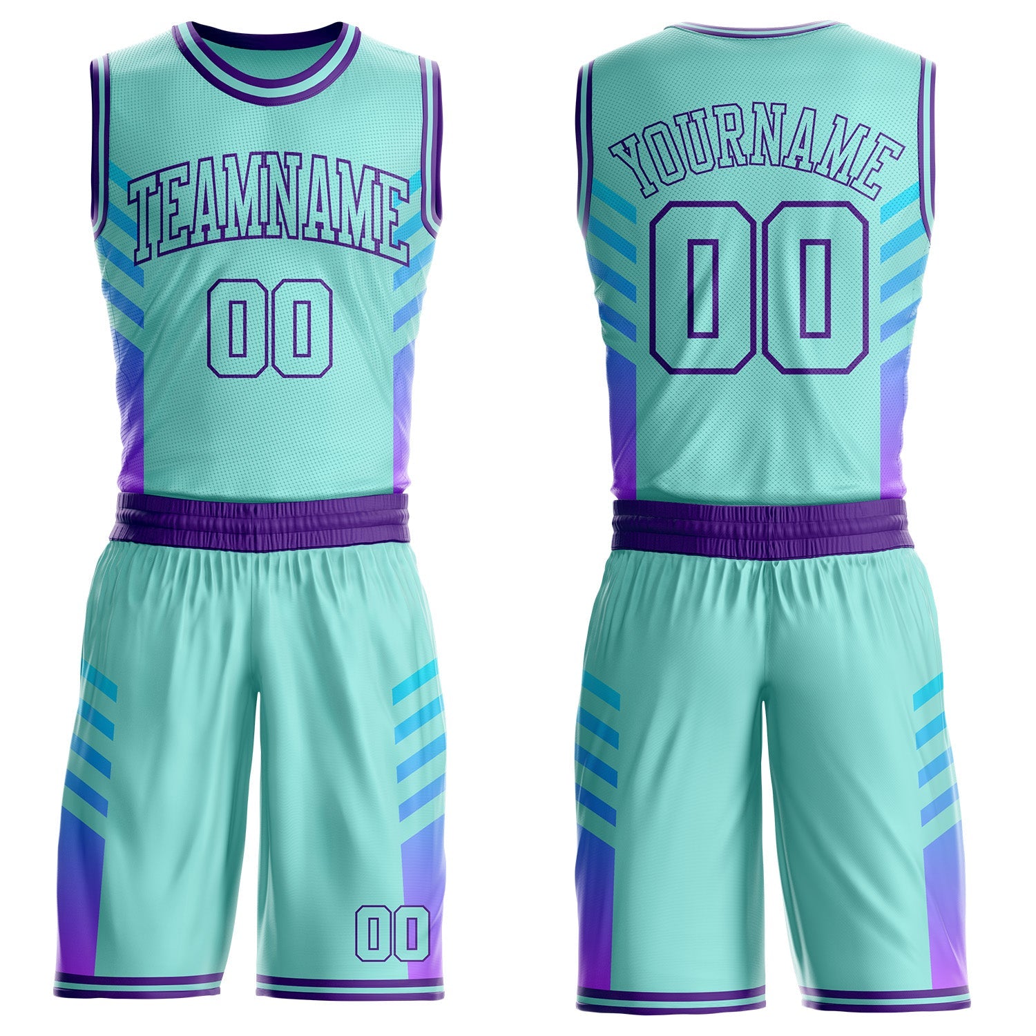 Custom Ice Blue-Purple Geometric Side Stripe Gradient Round Neck Sublimation Basketball Uniform Jersey