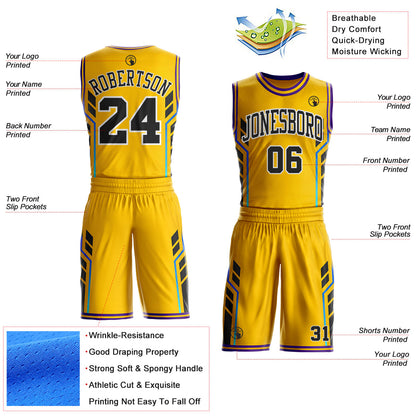 Custom Yellow Black White-Purple Geometric Side Stripe Gradient Round Neck Sublimation Basketball Uniform Jersey