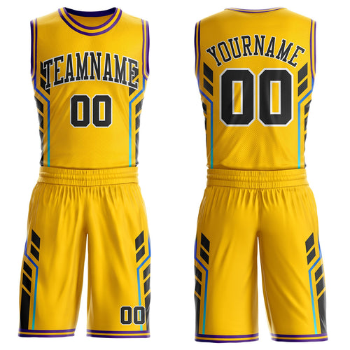 Custom Yellow Black White-Purple Geometric Side Stripe Gradient Round Neck Sublimation Basketball Uniform Jersey