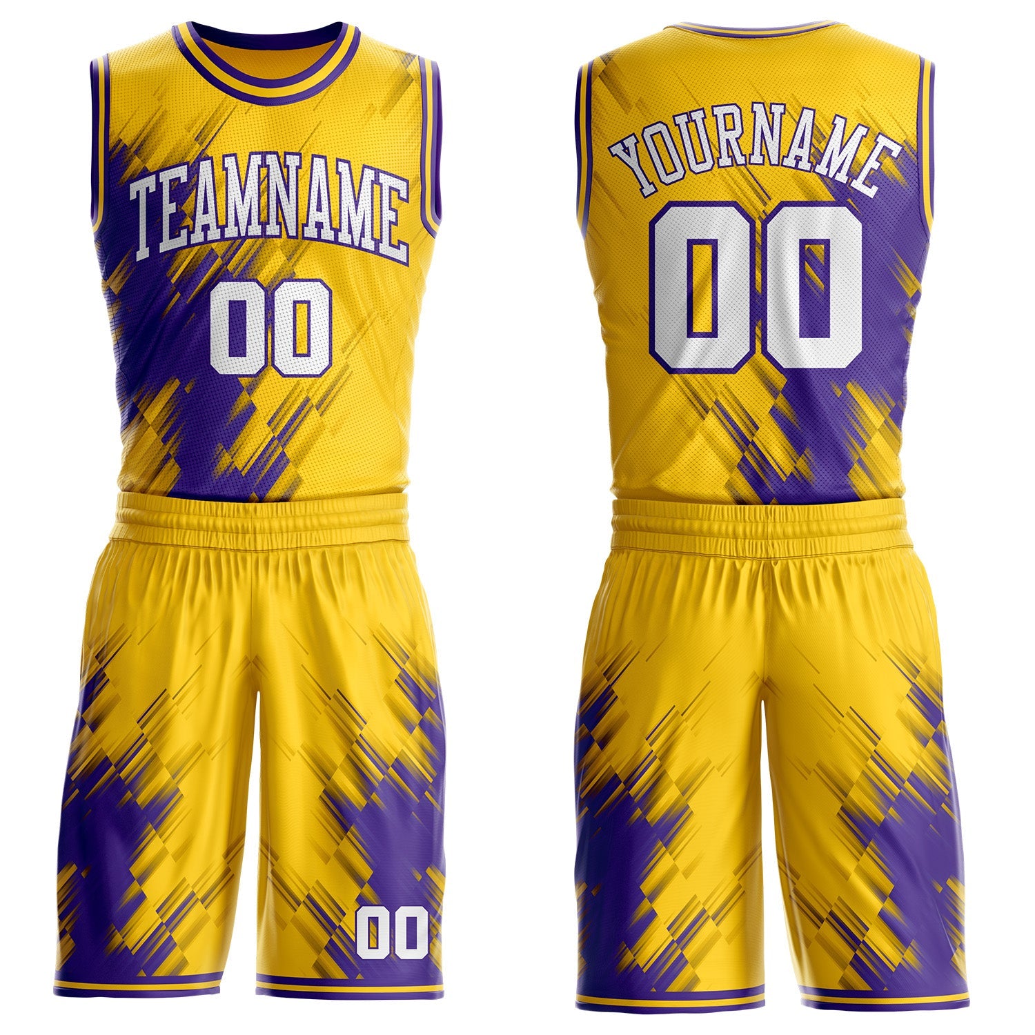 Custom Yellow White-Purple Brush Stroke Geometric Round Neck Sublimation Basketball Uniform Jersey
