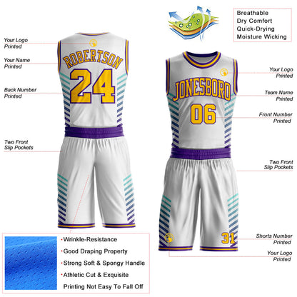 Custom White Yellow Purple-Lakes Blue Geometric Stripe Round Neck Sublimation Basketball Uniform Jersey