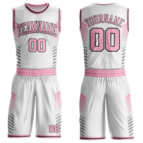 Custom White Light Pink-Black Geometric Stripe Round Neck Sublimation Basketball Uniform Jersey