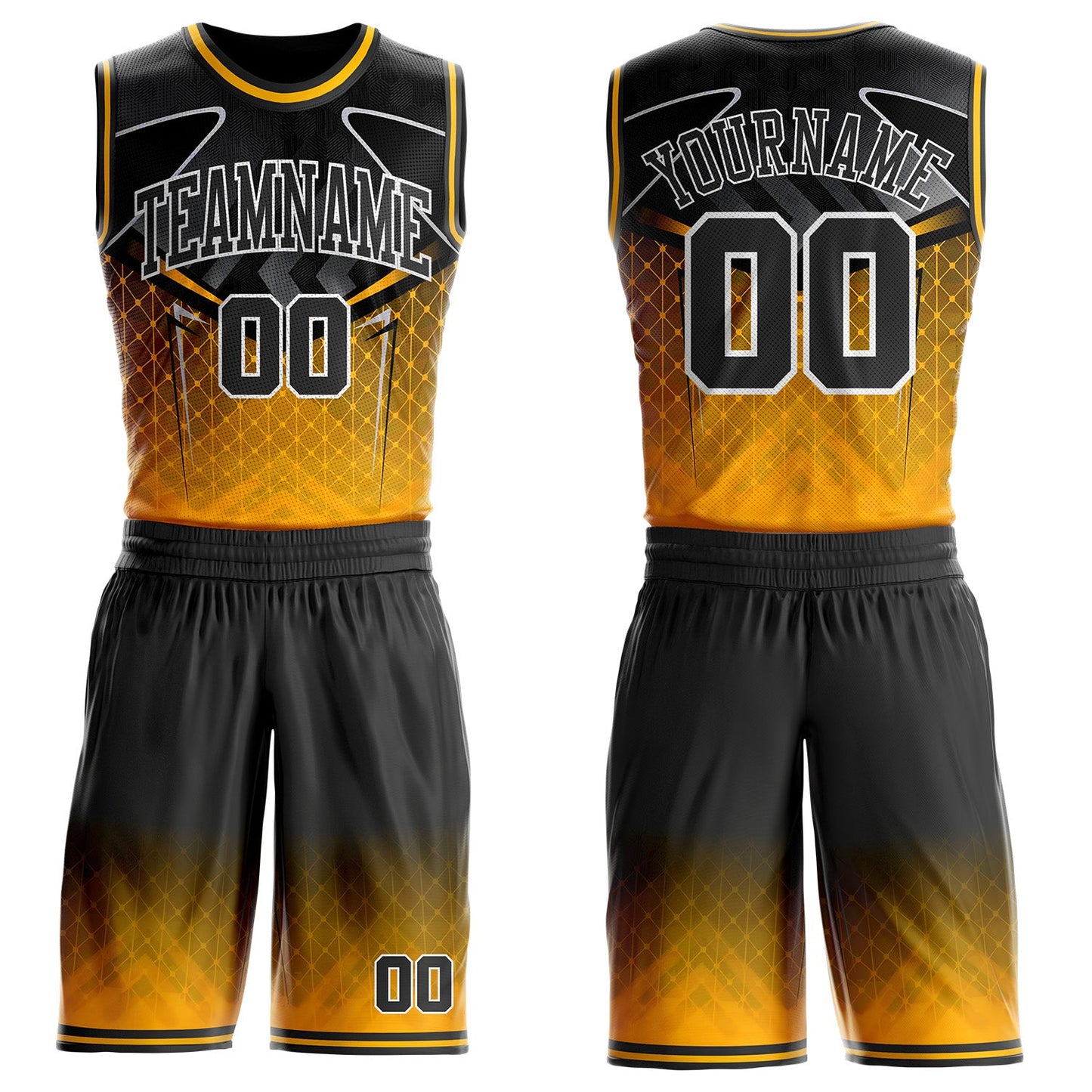 Custom Black Gold-White Geometric Diamond Gradient Round Neck Sublimation Basketball Uniform Jersey