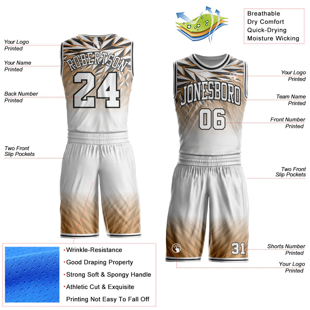 Custom White City Cream-Black Geometric Triangle Gradient Round Neck Sublimation Basketball Uniform Jersey