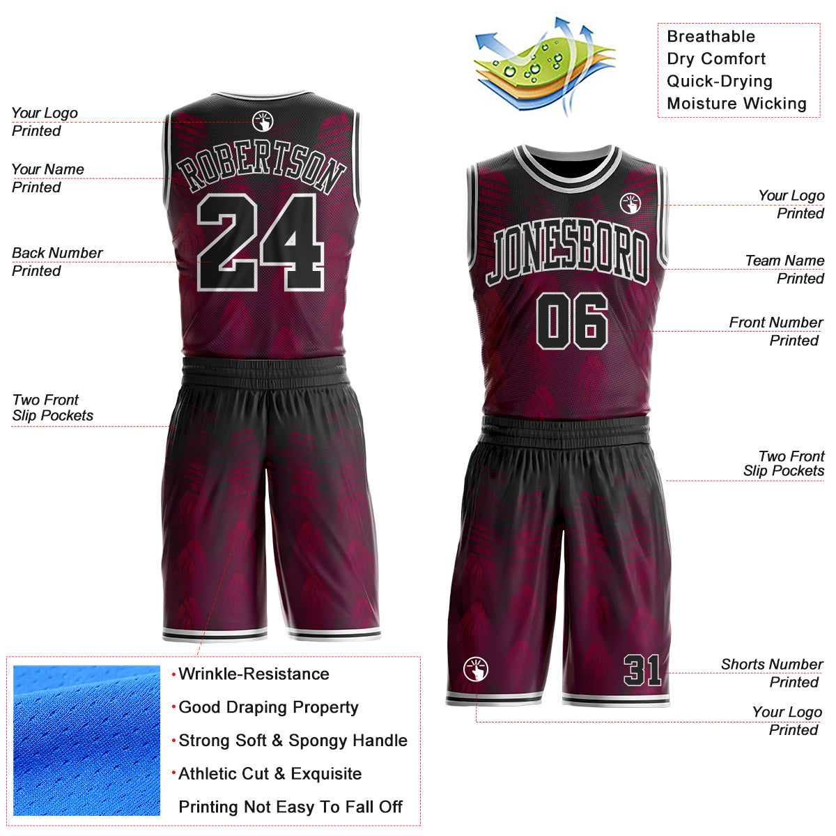 Custom Red Black-White Geometric Stripe Round Neck Sublimation Basketball Uniform Jersey
