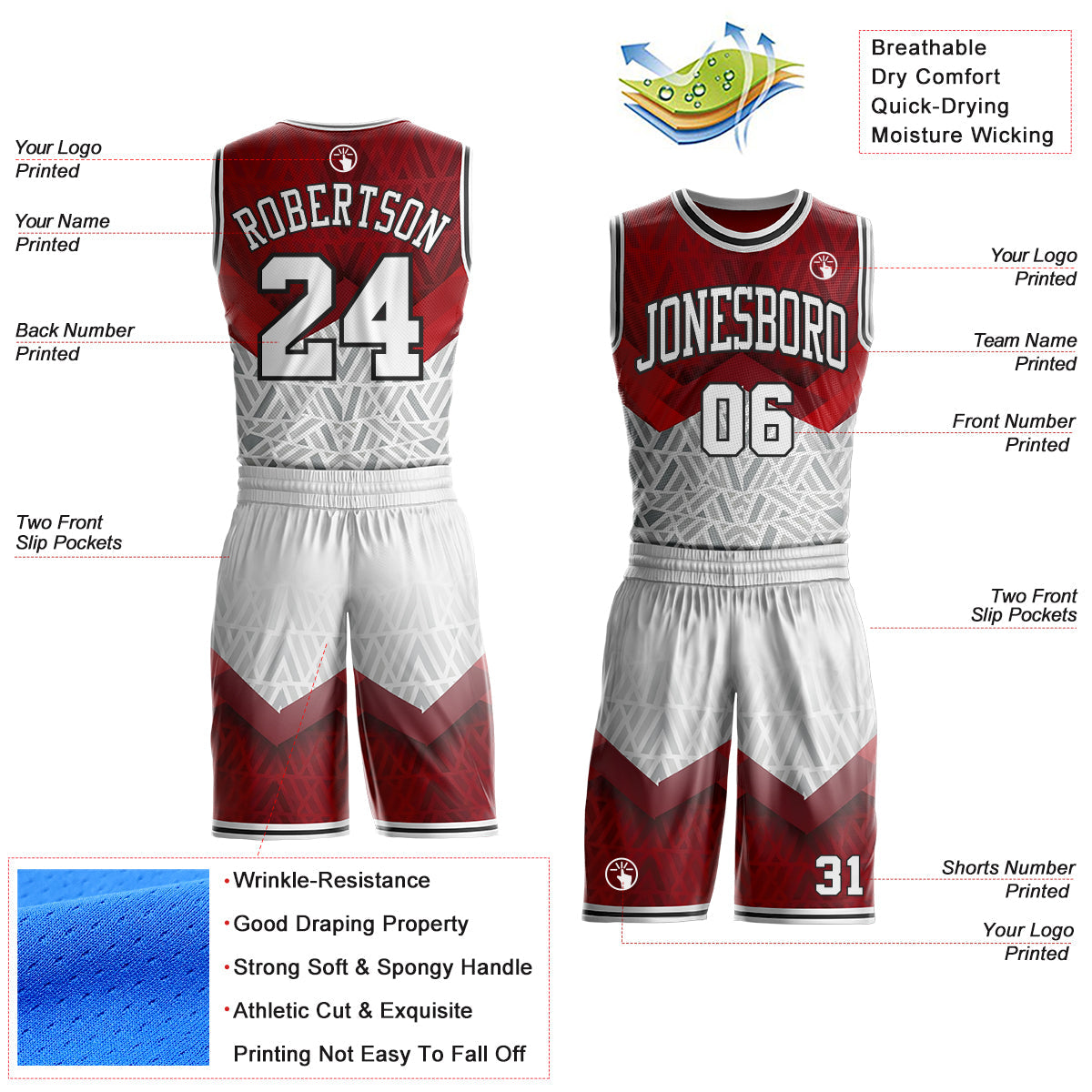 Custom Red White-Black Geometric Triangle Gradient Round Neck Sublimation Basketball Uniform Jersey
