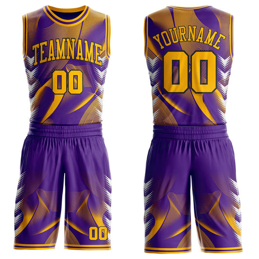 Custom Purple Gold-Black Wave Gradient Dot Round Neck Sublimation Basketball Uniform Jersey