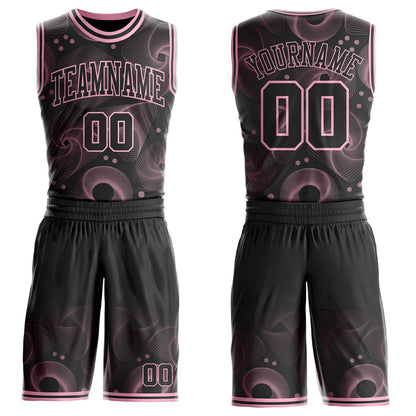 Custom Black-Light Pink Geometric Swirl Wave Lines Round Neck Sublimation Basketball Uniform Jersey
