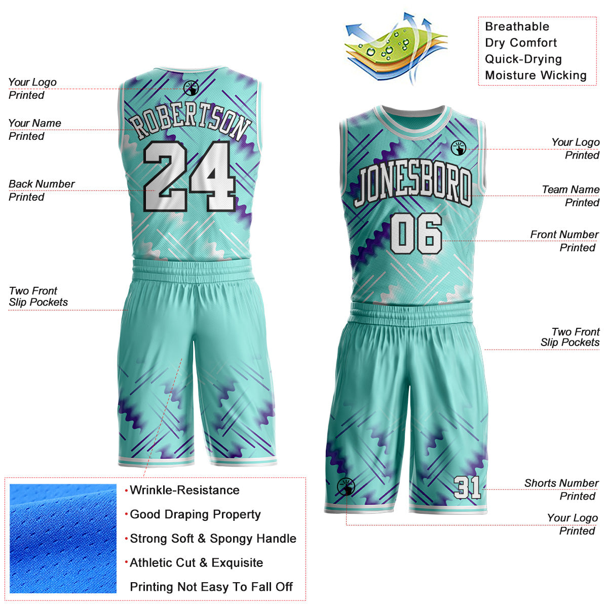 Custom Ice Blue White Purple-Black Geometric Wave Gradient Round Neck Sublimation Basketball Uniform Jersey