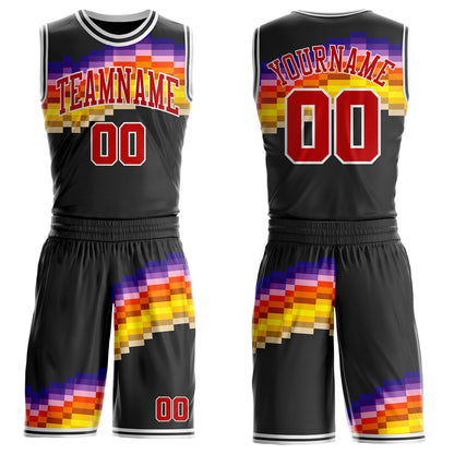 Custom Black Red Yellow Purple-White Sunset Pixel Gradient Round Neck Sublimation Basketball Uniform Jersey