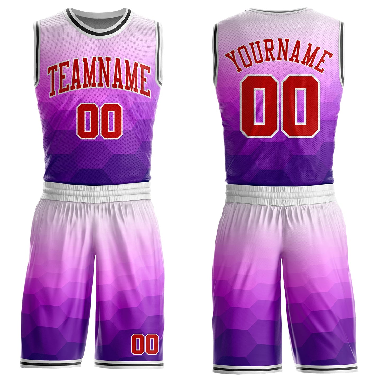 Custom Purple Red White-Black Hexagon Gradient Round Neck Sublimation Basketball Uniform Jersey